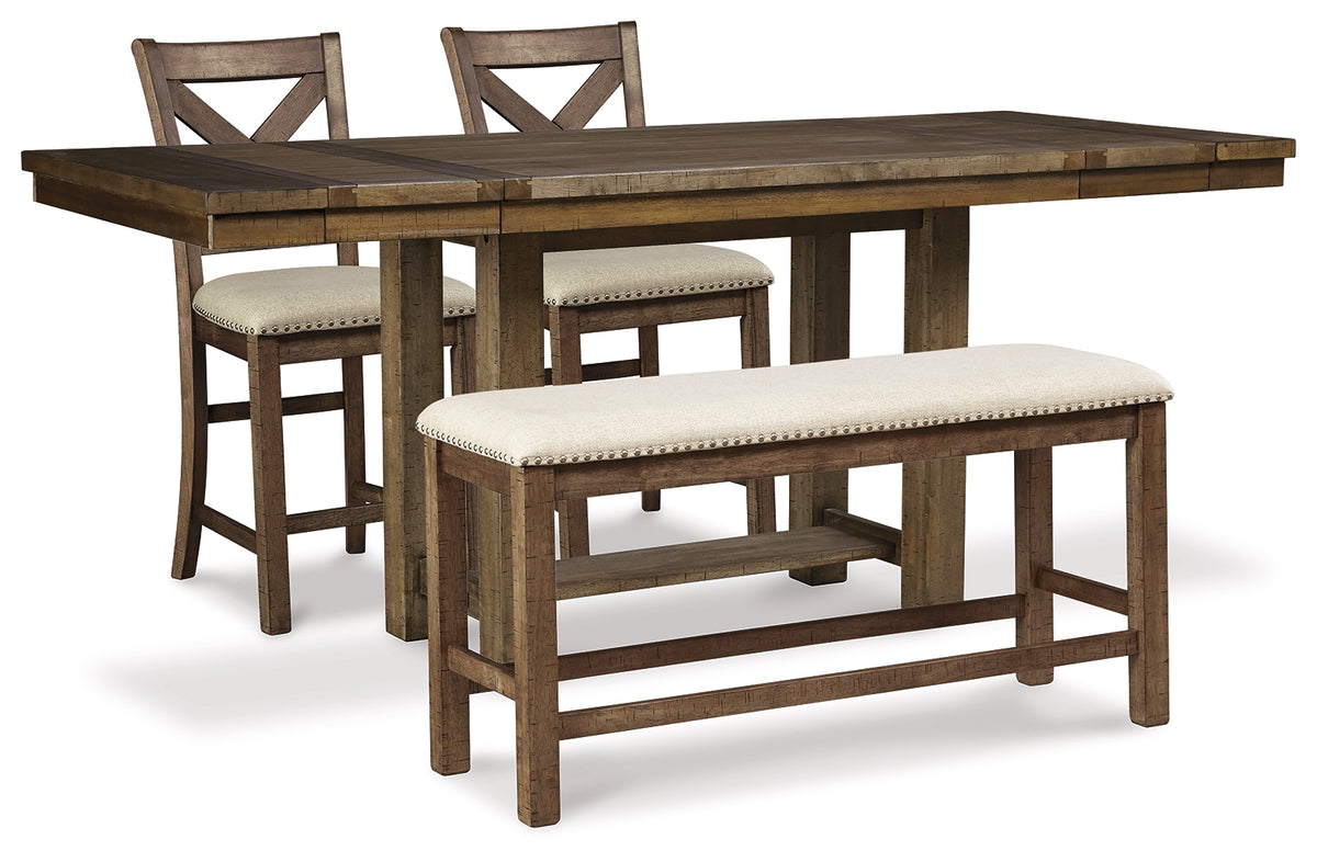 J&M Furniture - Ashley Furniture - Moriville Counter Height Dining Table and 2 Barstools and Bench - Counter Height Dining Table and 2 Barstools and Bench - D631D9