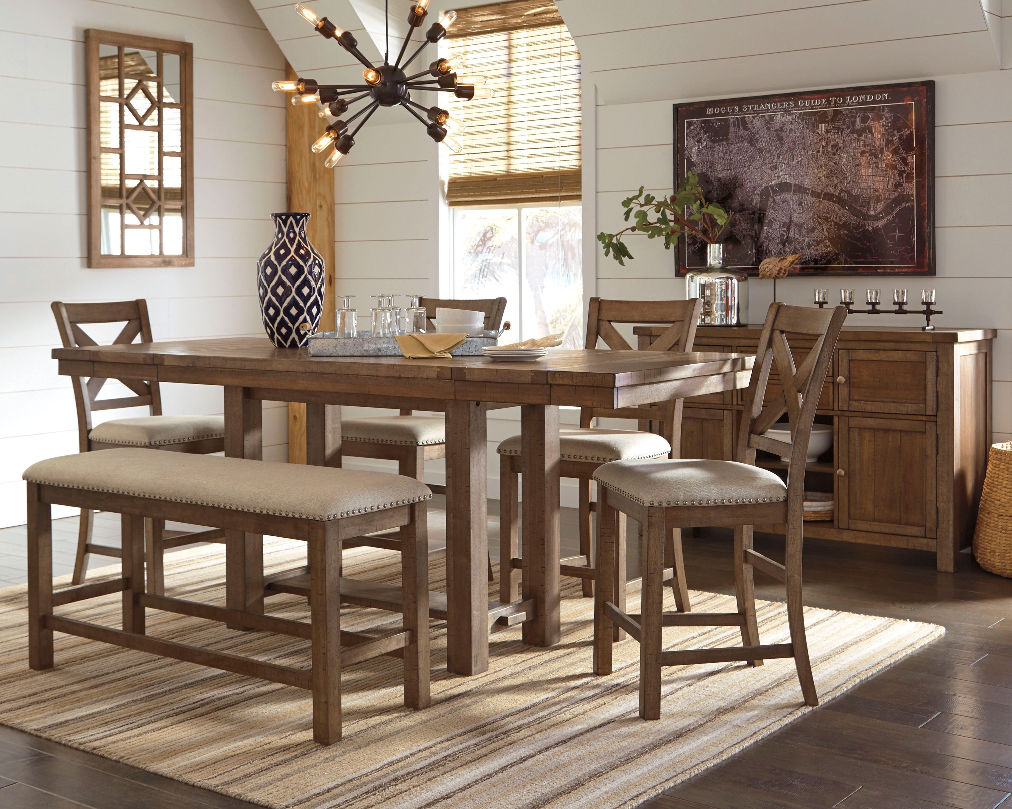 J&M Furniture - Ashley Furniture - Moriville Counter Height Dining Table with 4 Barstools, Bench, and Server - Counter Height Dining Table with 4 Barstools, Bench, and Server / Grayish Brown - D631D4