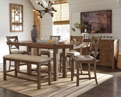 J&M Furniture - Ashley Furniture - Moriville Counter Height Dining Table with 4 Barstools, Bench, and Server - Counter Height Dining Table with 4 Barstools, Bench, and Server / Grayish Brown - D631D4