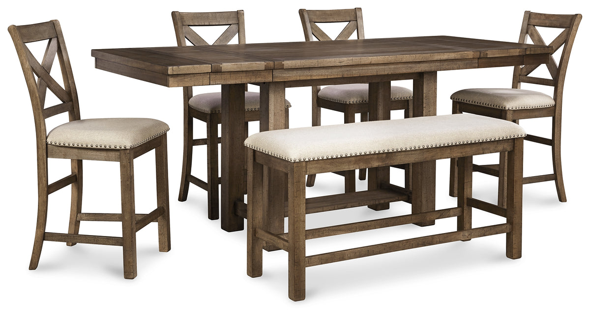 J&M Furniture - Ashley Furniture - Moriville Counter Height Dining Table with 4 Barstools and Bench - Counter Height Dining Table with 4 Barstools and Bench / Grayish Brown - D631D3