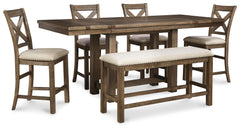 J&M Furniture - Ashley Furniture - Moriville Counter Height Dining Table with 4 Barstools and Bench - Counter Height Dining Table with 4 Barstools and Bench / Grayish Brown - D631D3