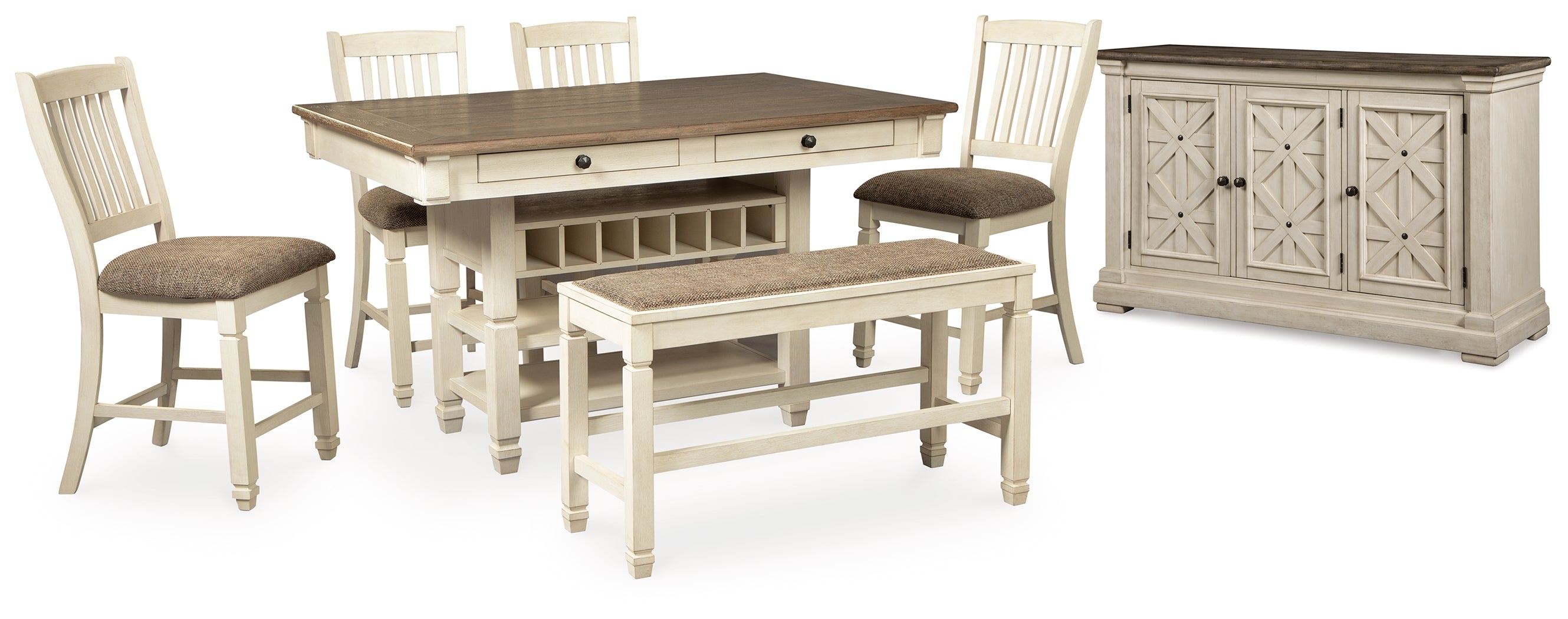 J&M Furniture - Ashley Furniture - Bolanburg Counter Height Dining Table, 4 Barstools, Bench and Server - Counter Height Dining Table, 4 Barstools, Bench and Server - D647D32