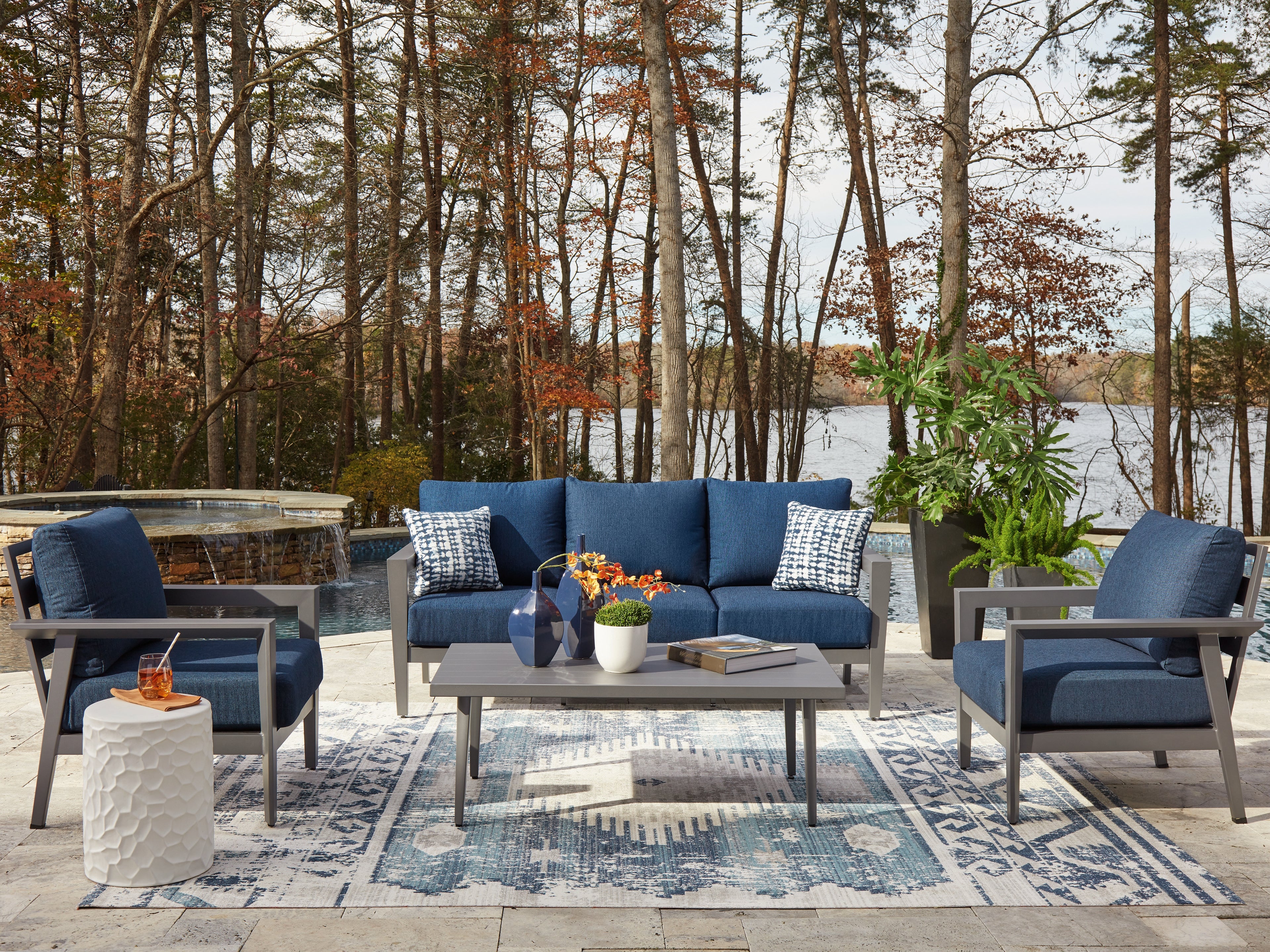 J&M Furniture - Ashley Furniture - Gali Outdoor Sofa/Chairs/Table Set (Set of 4) - Sofa/Chairs/Table Set (4/CN) / Gray/Blue - P275-081