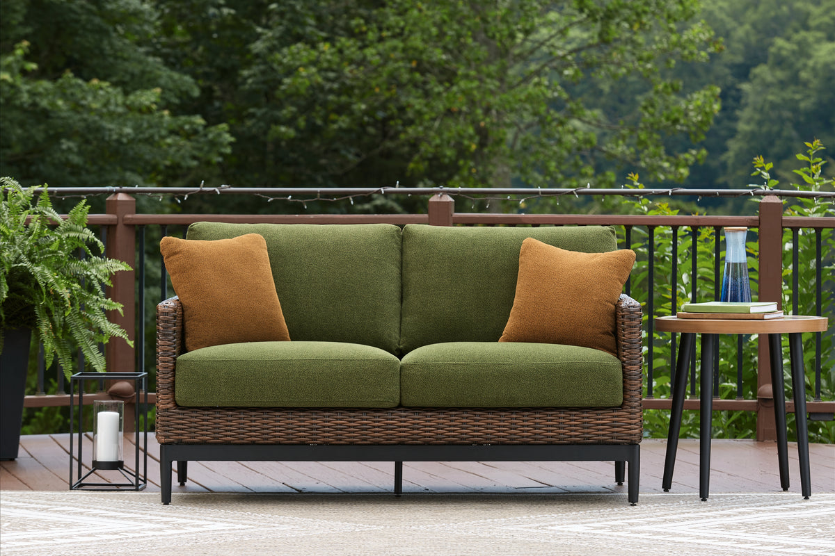J&M Furniture - Ashley Furniture - Horizon Hall Outdoor Loveseat with Cushion - Loveseat w/Cushion / Brown/Green - P572-835