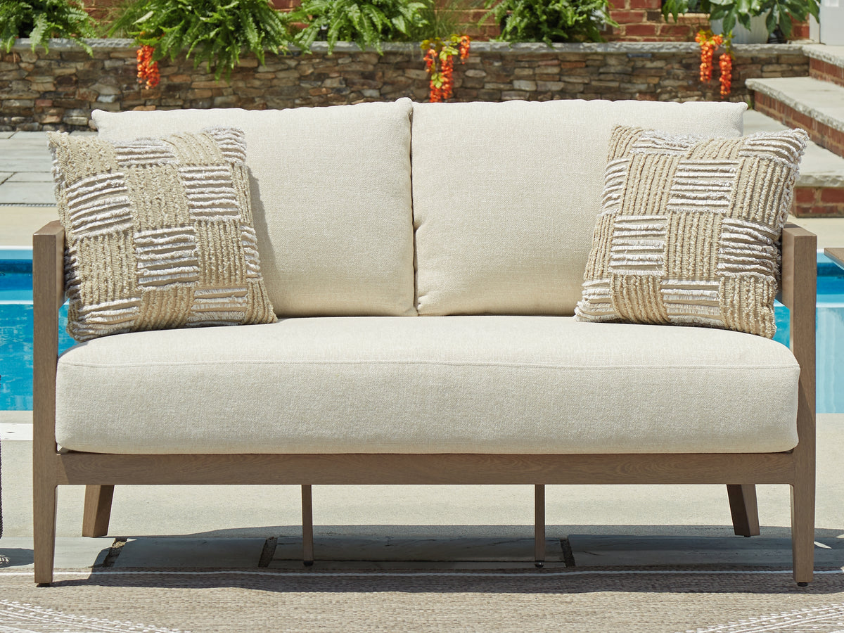J&M Furniture - Ashley Furniture - Serene Bay Outdoor Loveseat with Cushion - Loveseat w/Cushion / Dark Brown/White - P671-835