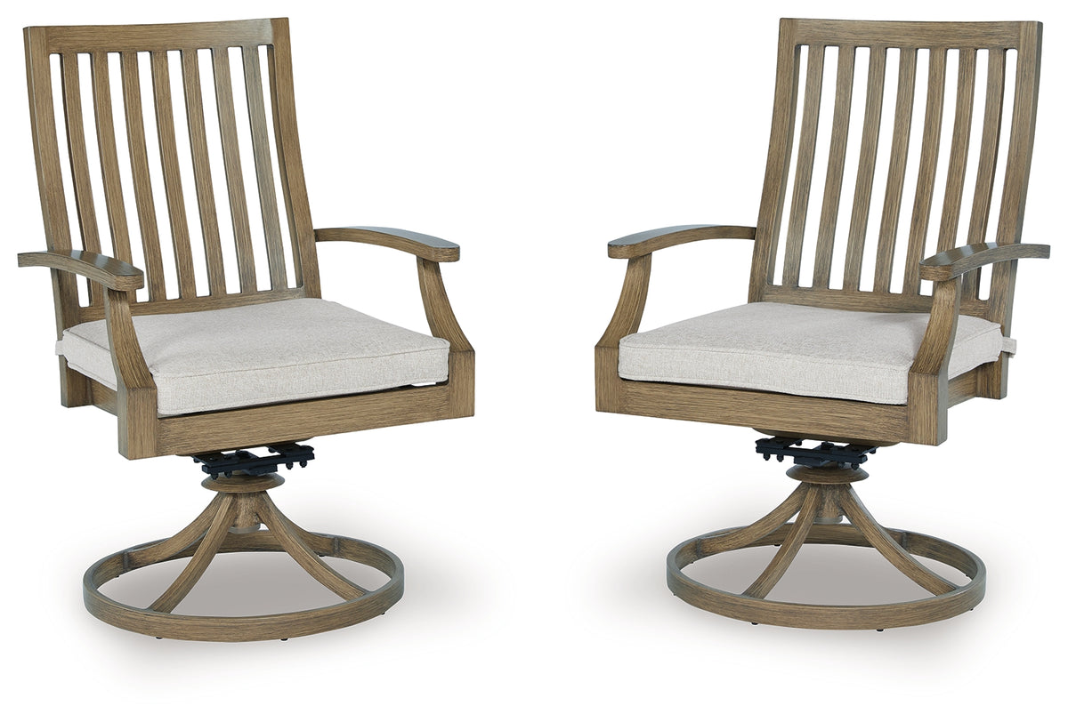 J&M Furniture - Ashley Furniture - Rainier Ranch Outdoor Swivel Chair with Cushion (Set of 2) - Swivel Chair w/Cushion (Set of 2) / Brown/Beige - P701-602A
