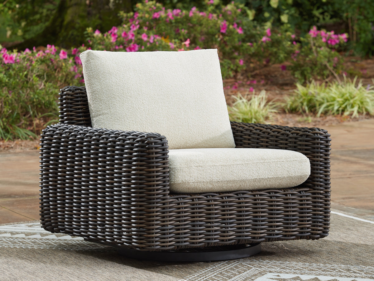 J&M Furniture - Ashley Furniture - Kimora Outdoor Swivel Lounge Chair - Swivel Glider Lounge w/Cushion / Beige/Dark Brown - P711-821