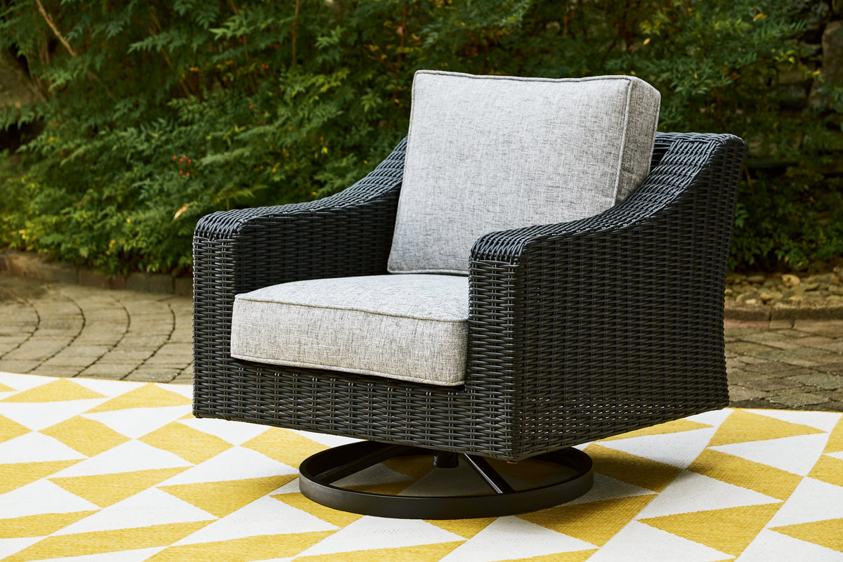 J&M Furniture - Ashley Furniture - Beachcroft Outdoor Swivel Lounge with Cushion - Swivel Lounge Chair (1/CN) / Black/Light Gray - P792-821