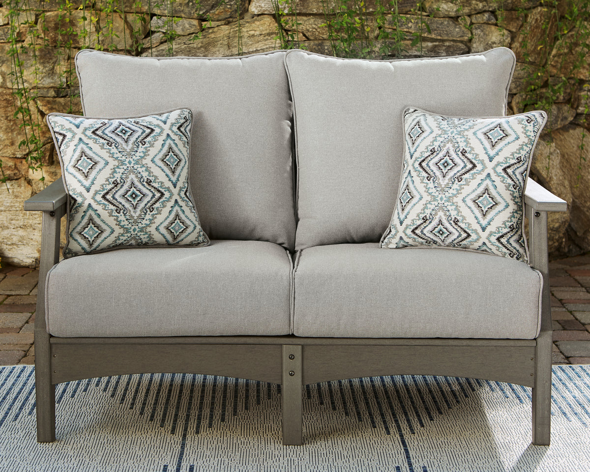 J&M Furniture - Ashley Furniture - Visola Outdoor Loveseat with Cushion - Loveseat w/Cushion / Gray - P802-835