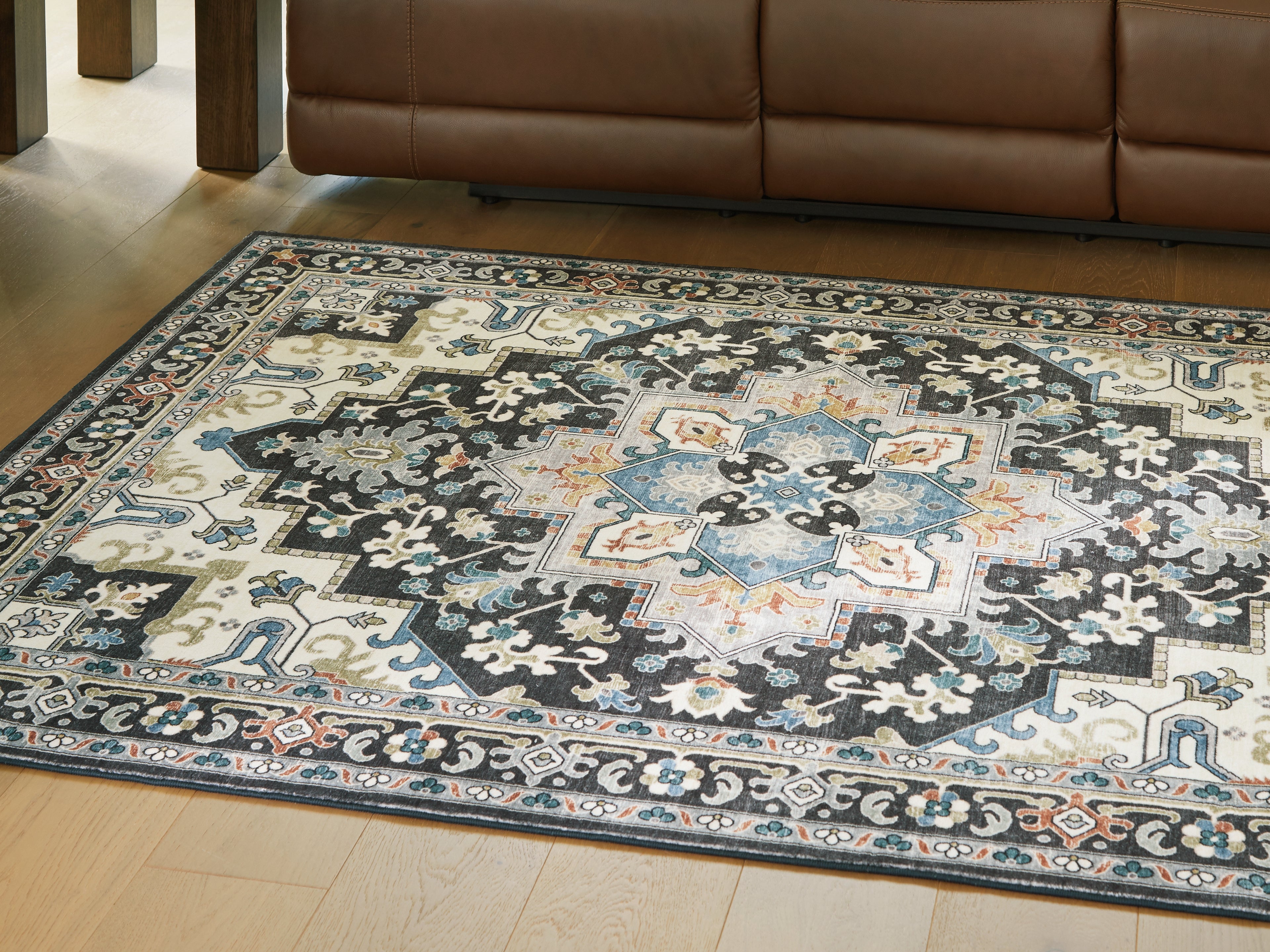 J&M Furniture - Ashley Furniture - Leningston 5' x 7' Washable Rug - 5' x 7' Washable Rug / Black/Cream/Blue - R407062