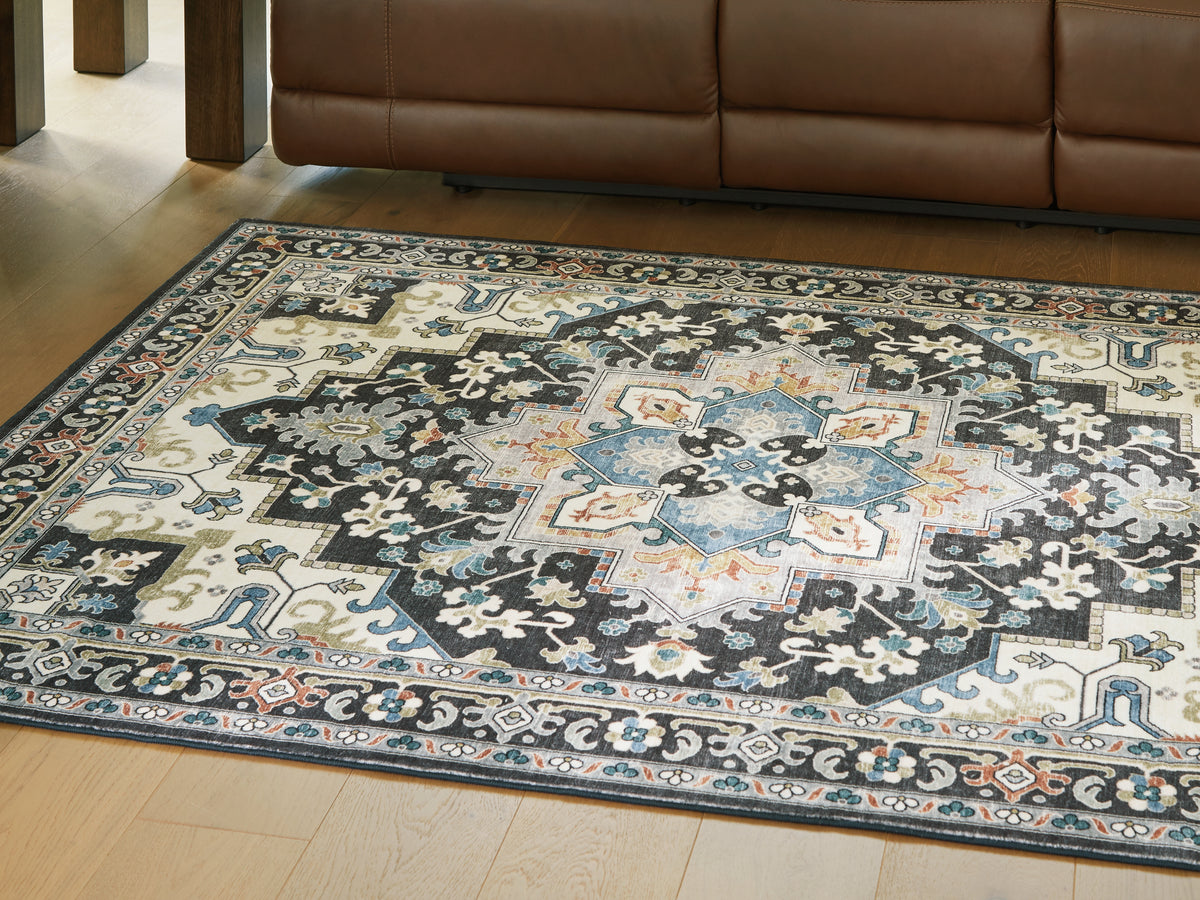 J&M Furniture - Ashley Furniture - Leningston 5' x 7' Washable Rug - 5' x 7' Washable Rug / Black/Cream/Blue - R407062