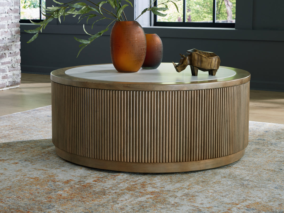 J&M Furniture - Ashley Furniture - Camdill Coffee Table - Round Cocktail Table / Light Brown/White - T808-8