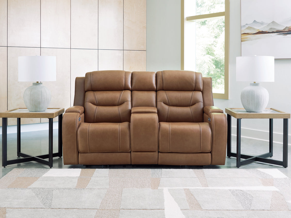 J&M Furniture - Ashley Furniture - Knightington Power Reclining Loveseat with Audio Seating - PWR REC Love w/Audio Seating / Caramel - PCU1160018A