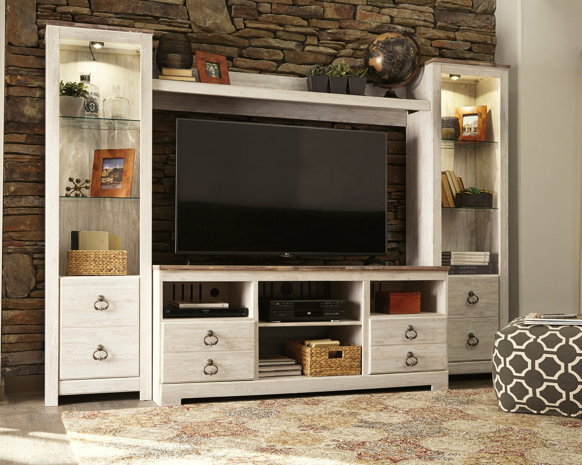 J&M Furniture - Ashley Furniture - Willowton 4-Piece Entertainment Center - 4-Piece Entertainment Center / Whitewash - W267W3