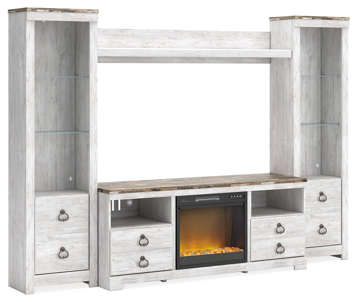 J&M Furniture - Ashley Furniture - Willowton 4-Piece Entertainment Center with Electric Fireplace - 4-Piece Entertainment Center with Electric Fireplace / Whitewash - W267W4
