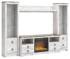 J&M Furniture - Ashley Furniture - Willowton 4-Piece Entertainment Center with Electric Fireplace - 4-Piece Entertainment Center with Electric Fireplace / Whitewash - W267W4
