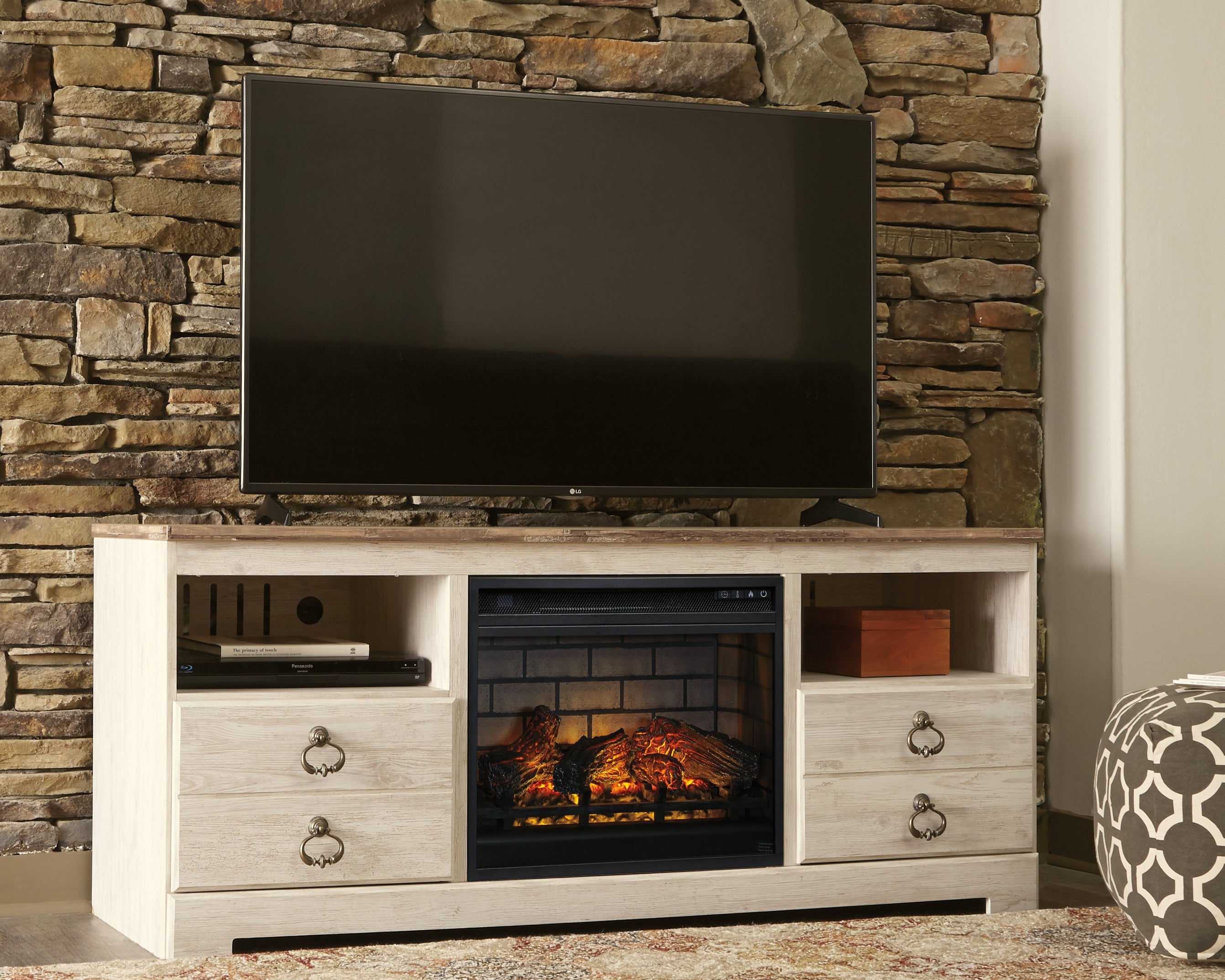 J&M Furniture - Ashley Furniture - Willowton 64" TV Stand with Electric Fireplace - 64" TV Stand with Electric Fireplace / Whitewash - W267W8