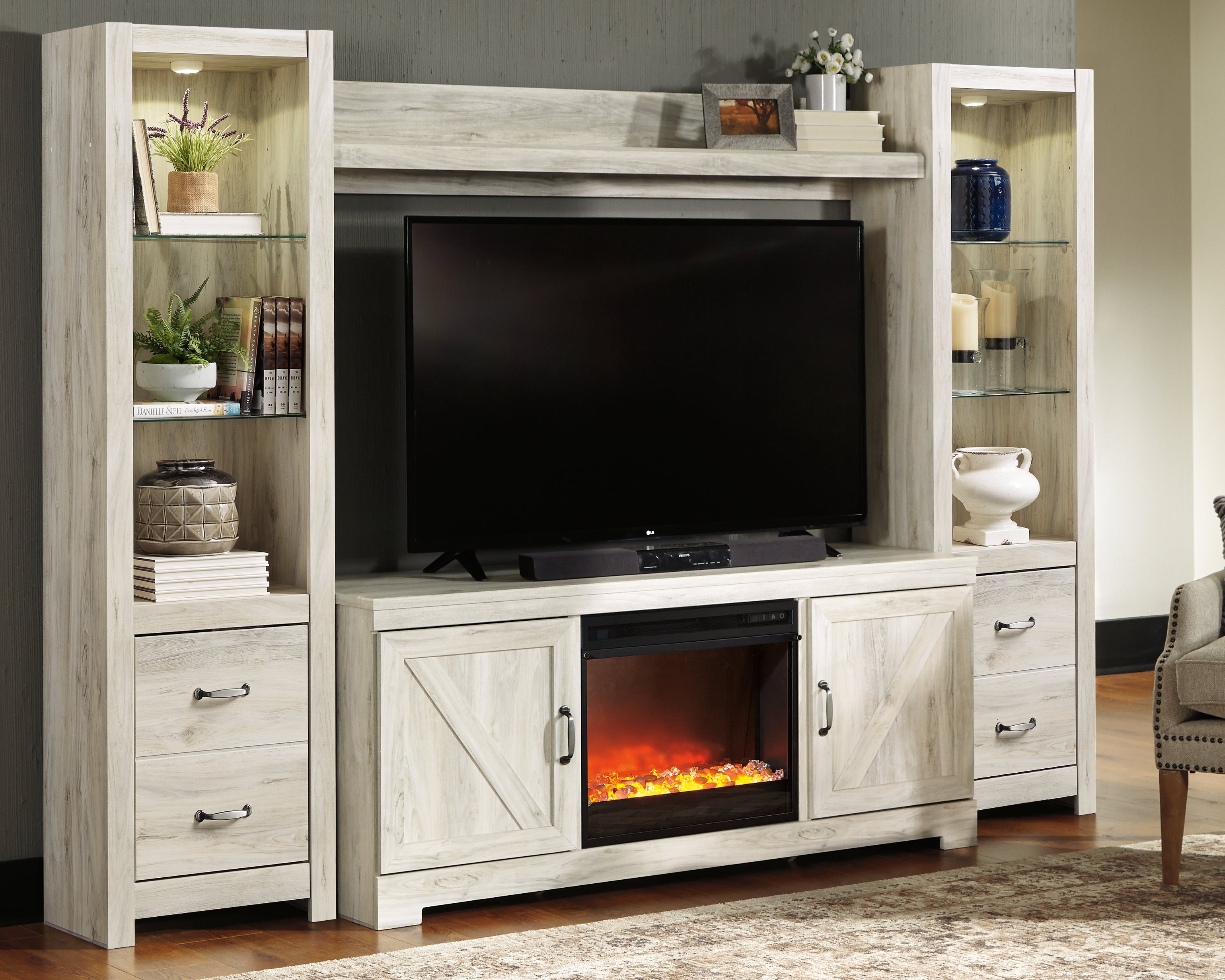 J&M Furniture - Ashley Furniture - Bellaby 4-Piece Entertainment Center with Fireplace - 4-Piece Entertainment Center with Fireplace / Whitewash - W331W5