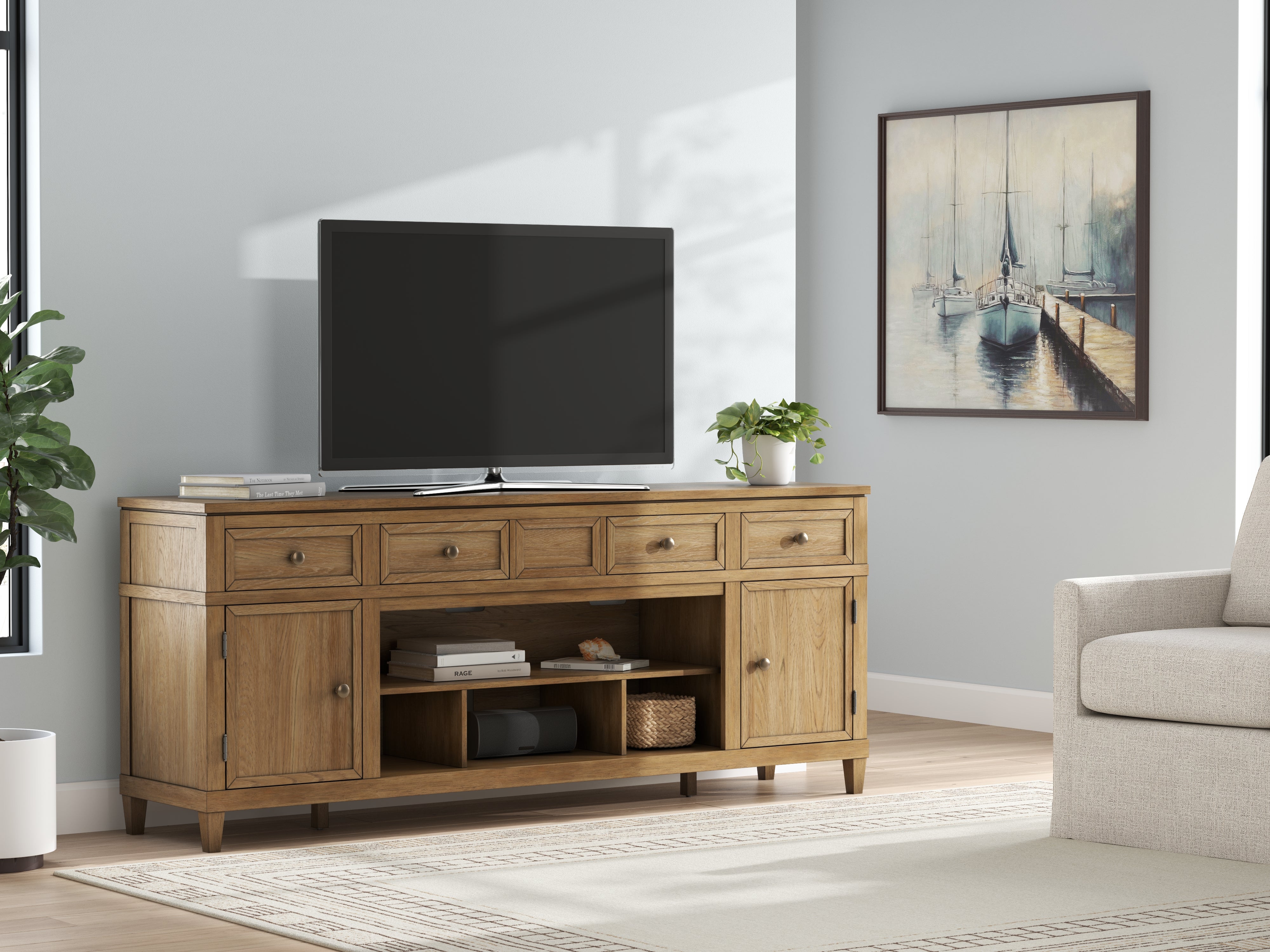 J&M Furniture - Ashley Furniture - Sharlance 81" TV Stand - 81" / Light Brown - W655-68