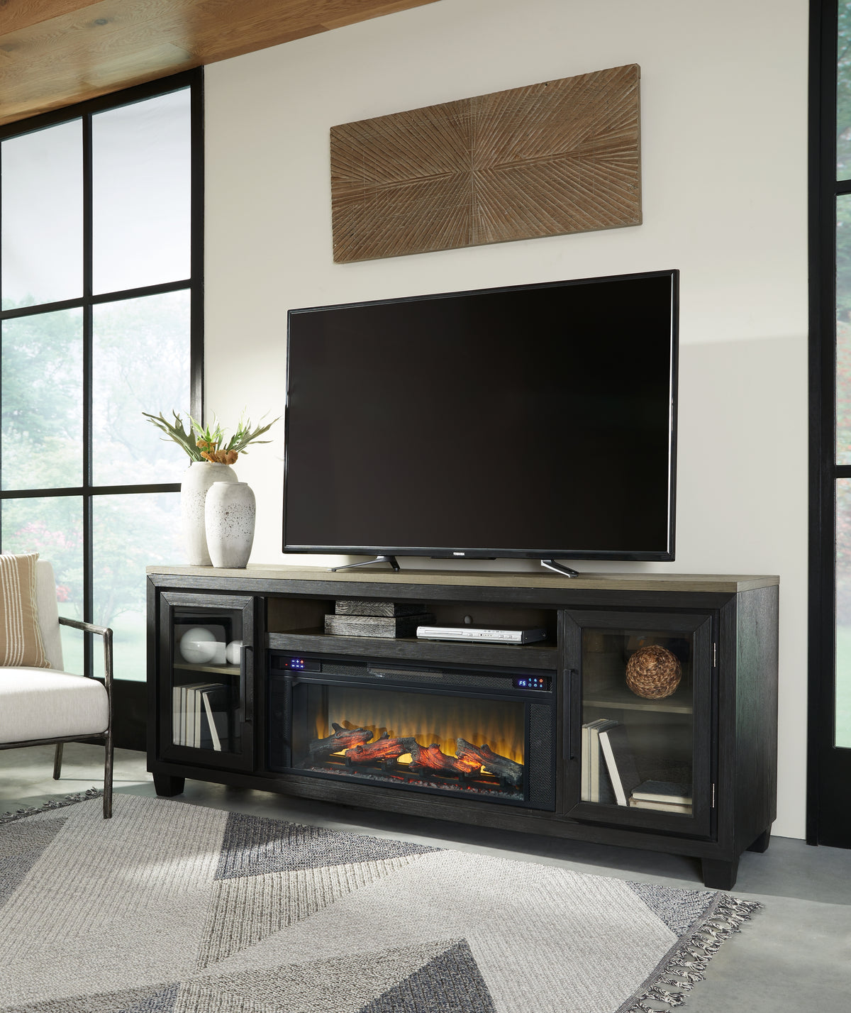 J&M Furniture - Ashley Furniture - Foyland 83" TV Stand with Electric Fireplace - 83" TV Stand with Electric Fireplace / Black/Brown - W989W1